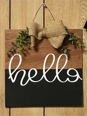 Hello Wall Sign with White Script and Burlap Bow